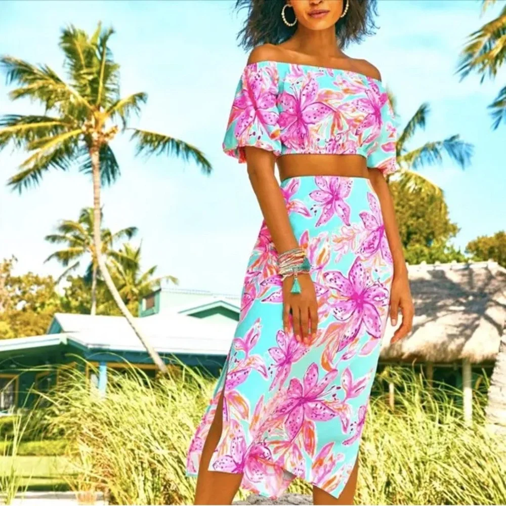 Floral Off-Shoulder Two-Piece Outfit Set Dress in Turquoise and Pink - Picture 1 of 14